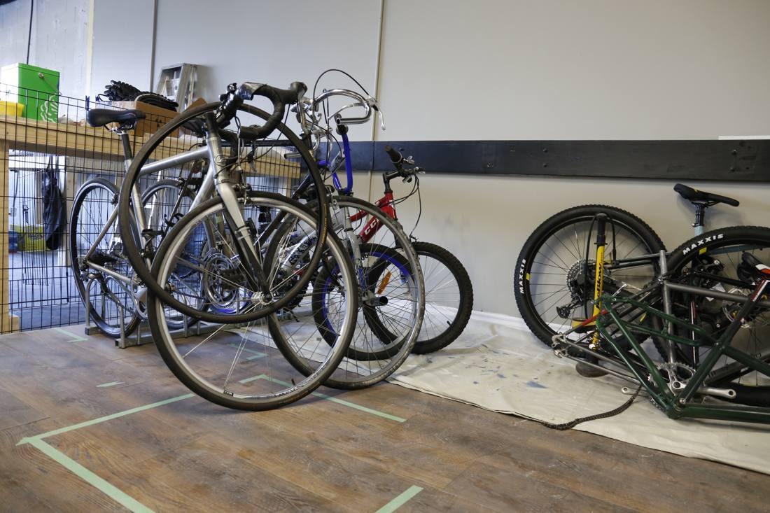 Bikes parked inside the half-built shop